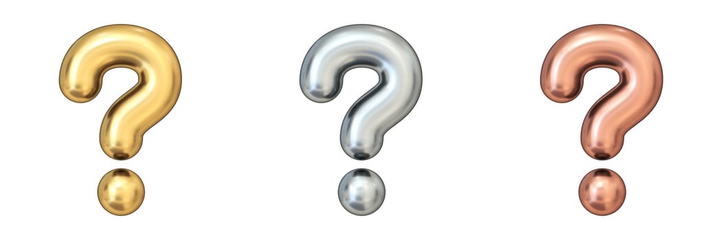 Gold, silver and bronze question marks 3D rendering illustration isolated on white background