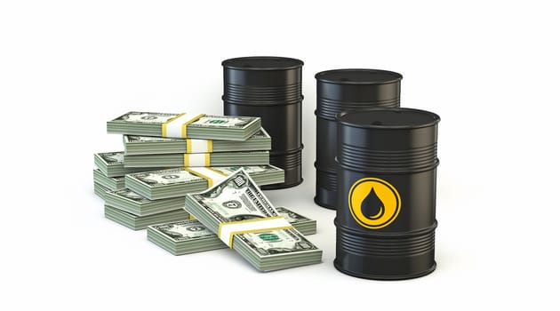 Oil barrels and dollar money banknote 3D rendering illustration isolated on white background