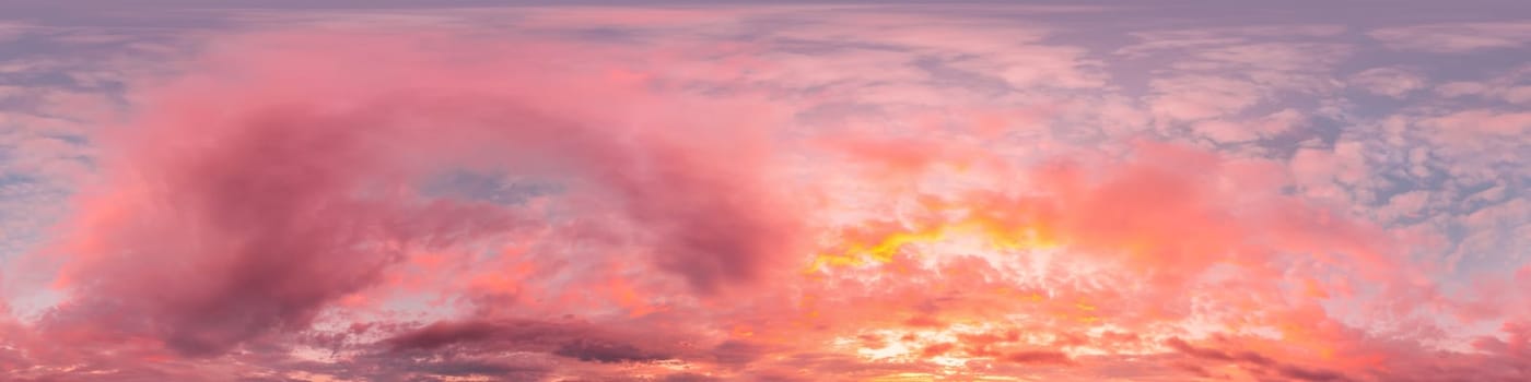 Bright sunset sky panorama with Cirrus clouds. Seamless hdr spherical equirectangular 360 panorama. Sky dome or zenith for 3D visualization, game and sky replacement for aerial drone 360 panoramas.