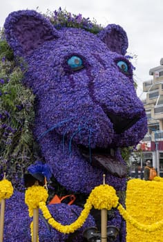 Noordwijk, Netherlands - April 22, 2023: Spectacular flower covered floats in the Bloemencorso Bollenstreek the annual spring flower parade from Noordwijk to Haarlem in the Netherlands.