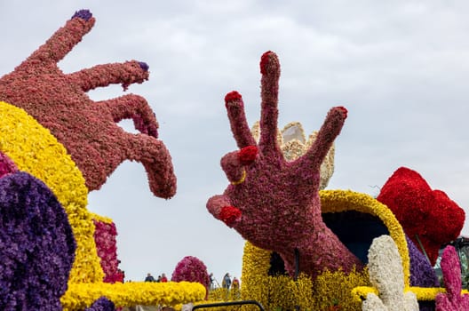 Noordwijk, Netherlands - April 22, 2023: Spectacular flower covered floats in the Bloemencorso Bollenstreek the annual spring flower parade from Noordwijk to Haarlem in the Netherlands.