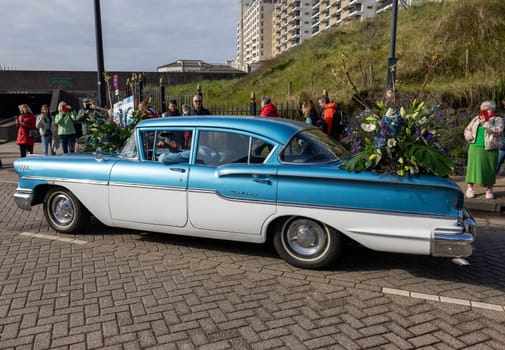Noordwijk, Netherlands - April 22, 2023: The traditional flowers parade Bloemencorso from Noordwijk to Haarlem in the Netherlands.