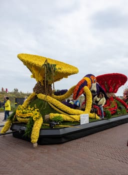 Noordwijk, Netherlands - April 22, 2023: Spectacular flower covered floats in the Bloemencorso Bollenstreek the annual spring flower parade from Noordwijk to Haarlem in the Netherlands.