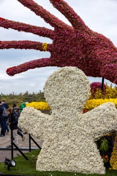 Noordwijk, Netherlands - April 22, 2023: Spectacular flower covered floats in the Bloemencorso Bollenstreek the annual spring flower parade from Noordwijk to Haarlem in the Netherlands.