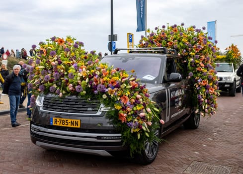 Noordwijk, Netherlands - April 22, 2023: Spectacular flower covered floats in the Bloemencorso Bollenstreek the annual spring flower parade from Noordwijk to Haarlem in the Netherlands.