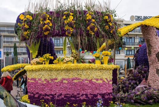 Noordwijk, Netherlands - April 22, 2023: Spectacular flower covered floats in the Bloemencorso Bollenstreek the annual spring flower parade from Noordwijk to Haarlem in the Netherlands.