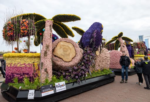 Noordwijk, Netherlands - April 22, 2023: Spectacular flower covered floats in the Bloemencorso Bollenstreek the annual spring flower parade from Noordwijk to Haarlem in the Netherlands.