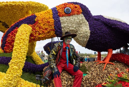 Noordwijk, Netherlands - April 22, 2023: Spectacular flower covered floats in the Bloemencorso Bollenstreek the annual spring flower parade from Noordwijk to Haarlem in the Netherlands.