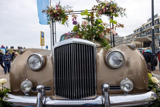 Noordwijk, Netherlands - April 22, 2023: Spectacular flower covered floats in the Bloemencorso Bollenstreek the annual spring flower parade from Noordwijk to Haarlem in the Netherlands.