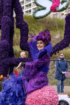 Noordwijk, Netherlands - April 22, 2023: Spectacular flower covered floats in the Bloemencorso Bollenstreek the annual spring flower parade from Noordwijk to Haarlem in the Netherlands.