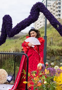 Noordwijk, Netherlands - April 22, 2023: Spectacular flower covered floats in the Bloemencorso Bollenstreek the annual spring flower parade from Noordwijk to Haarlem in the Netherlands.
