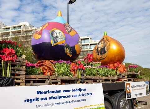 Noordwijk, Netherlands - April 22, 2023: Spectacular flower covered floats in the Bloemencorso Bollenstreek the annual spring flower parade from Noordwijk to Haarlem in the Netherlands.