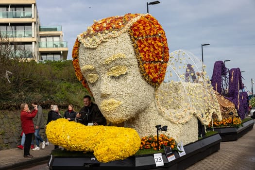 Noordwijk, Netherlands - April 22, 2023: Spectacular flower covered floats in the Bloemencorso Bollenstreek the annual spring flower parade from Noordwijk to Haarlem in the Netherlands.