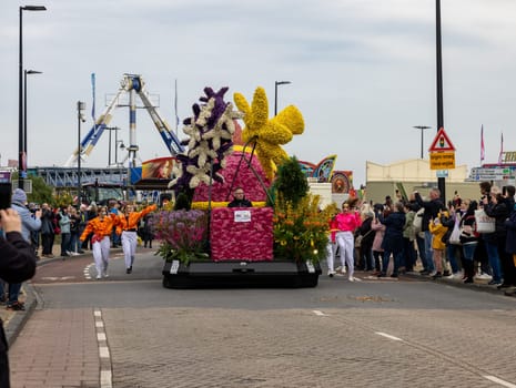Noordwijk, Netherlands - April 22, 2023: Spectacular flower covered floats in the Bloemencorso Bollenstreek the annual spring flower parade from Noordwijk to Haarlem in the Netherlands.