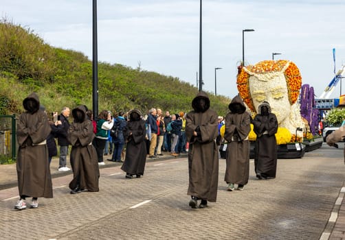 Noordwijk, Netherlands - April 22, 2023: Spectacular flower covered floats in the Bloemencorso Bollenstreek the annual spring flower parade from Noordwijk to Haarlem in the Netherlands.