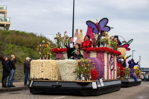 Noordwijk, Netherlands - April 22, 2023: Spectacular flower covered floats in the Bloemencorso Bollenstreek the annual spring flower parade from Noordwijk to Haarlem in the Netherlands.