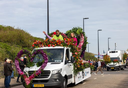 Noordwijk, Netherlands - April 22, 2023: Spectacular flower covered floats in the Bloemencorso Bollenstreek the annual spring flower parade from Noordwijk to Haarlem in the Netherlands.