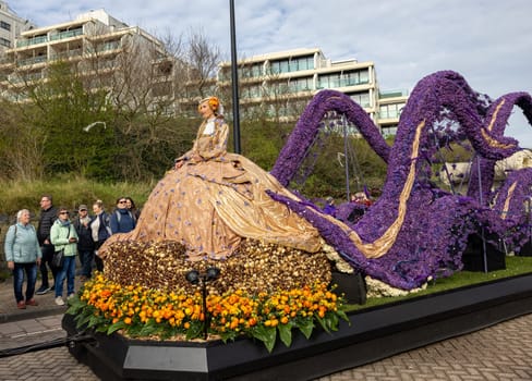 Noordwijk, Netherlands - April 22, 2023: Spectacular flower covered floats in the Bloemencorso Bollenstreek the annual spring flower parade from Noordwijk to Haarlem in the Netherlands.