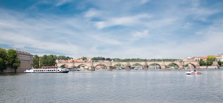 beautiful panorama of karlov bridge and prague castle in a sunny day