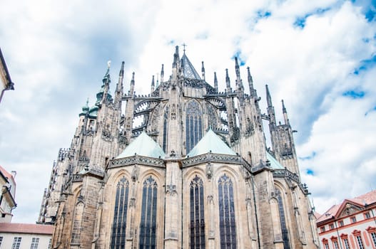 beautiful view back of St. Vitus cathedral in Prague castle