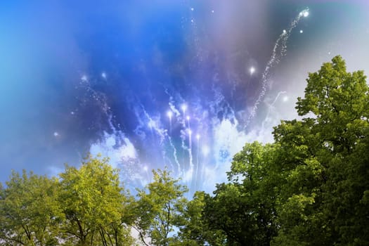 Fireworks by day with white lights and sparkle particles in the foreground with tree group