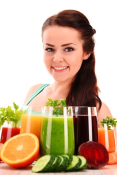 Young woman with variety of vegetable and fruit juices. Detox diet.