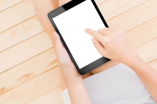 women using tablet white screen with clipping path easy for change display