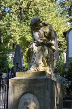 PARIS, FRANCE - SEPT 12, 2014: Tomb of Frederic Chopin, famous Polish composer, at Pere Lachaise cemetery in Paris, France