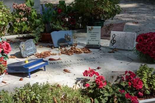 PARIS, FRANCE - SEPT 12, 2014: Gilbert Becaud grave in Pere-Lachaise cemetery, Paris, France