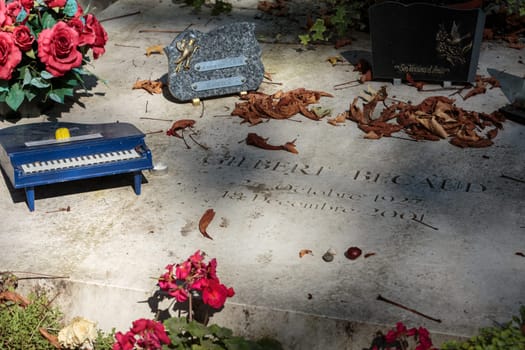 PARIS, FRANCE - SEPT 12, 2014: Gilbert Becaud grave in Pere-Lachaise cemetery, Paris, France