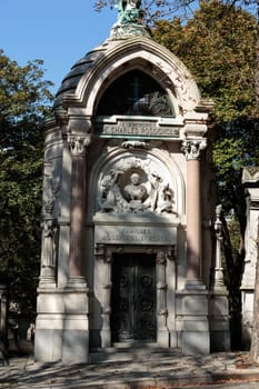 PARIS, FRANCE - SEPT 12, 2014: View of Pere Lachaise. World's most visited cemetery, attracting thousands of visitors to graves of those who have enhanced French life over past 200 years.