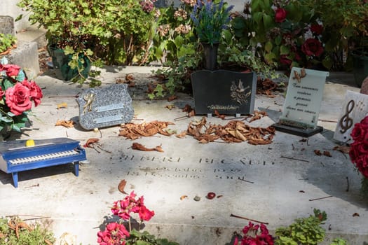 PARIS, FRANCE - SEPT 12, 2014: Gilbert Becaud grave in Pere-Lachaise cemetery, Paris, France