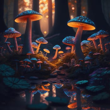 Magic forest with trees and mushrooms created with Generative AI. It shows a beautiful scenery in a forest with glowing mushrooms at night.