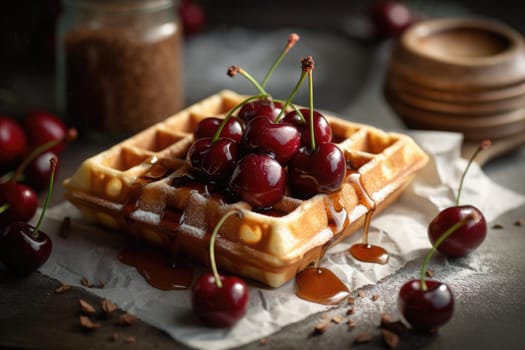 Fresh homemade waffle with cherry. Generative AI.