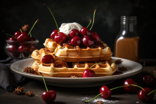 Fresh homemade waffle with cherry. Generative AI.