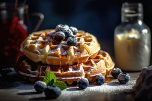 Homemade Belgium Waffles with Blueberries and ice cream. Generative AI.