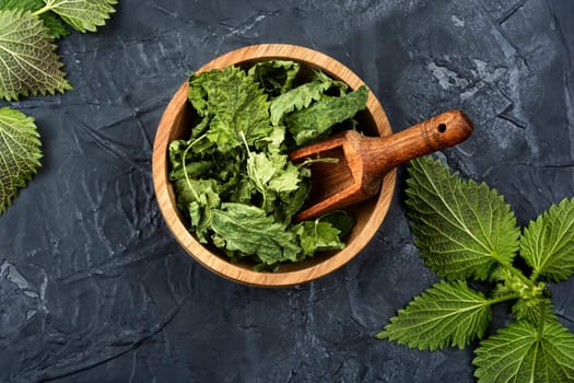 Fresh and dried nettle leaves in mortar with wooden spoon. Homeopathic herbs.