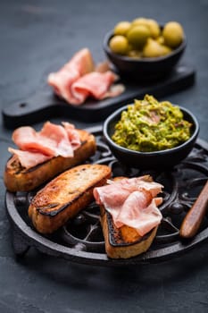 Fried bread, substitute for toast, savory French toast with avocado spread and Serrano ham