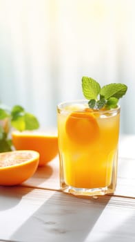 Glass of homemade orange juice on the table. Generative AI.