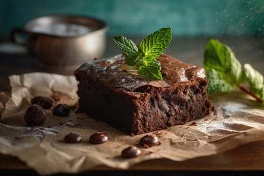 homemade chocolate brownies with dark background. Generative AI.