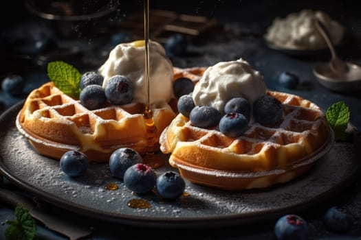 Homemade Belgium Waffles with Blueberries and ice cream. Generative AI.