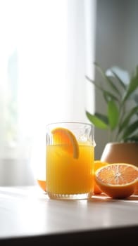 Glass of homemade orange juice on the table. Generative AI.