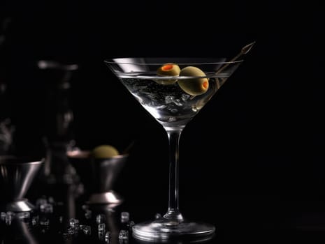 Classic Martini with olives on black background. Generative AI.