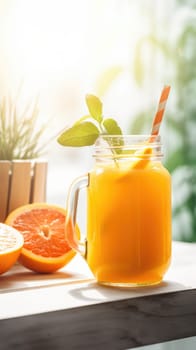 Glass of homemade orange juice on the table. Generative AI.
