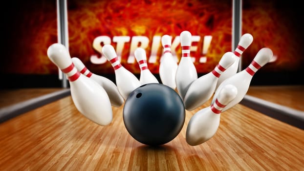 Bowling strike concept with rolling ball and pins. 3D illustration.