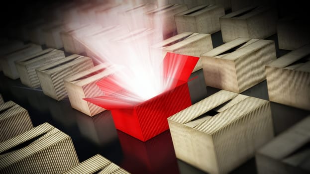 Red cardboard box with glowing light ray standing out. 3D illustration.