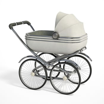 Vintage baby stroller isolated on white background. 3D illustration.