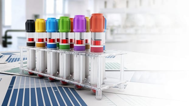Blood vials with vibrant colored lids standing on medical forms. 3D illustration.