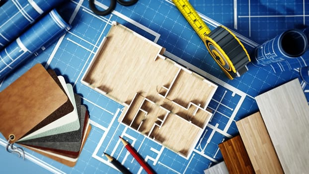 Home decorating tools standing on house bluprints. 3D illustration.