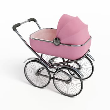 Vintage baby stroller isolated on white background. 3D illustration.